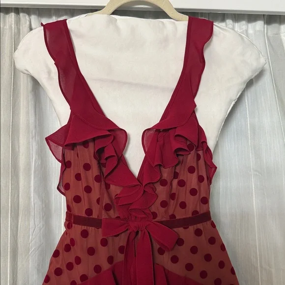 For Love & Lemons Dotty Dress Women’s Small Red Sheer Mesh Ruffle Midi Cocktail - Picture 4 of 9